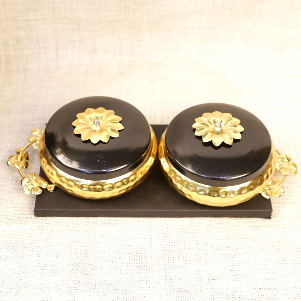 Black and Gold Lidded Bowl Set with Tray — Matte black with gold rims and flower finials