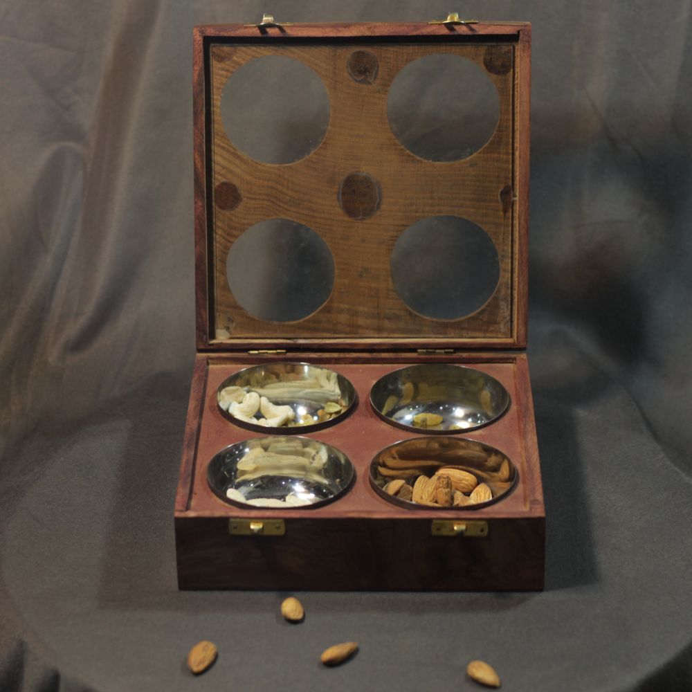 Wooden Dryfruit Box – 4 Bowl, 8x8