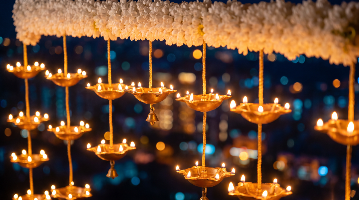 Diwali closer styling of the 21-Diya Door Toran, editorial campaign shot