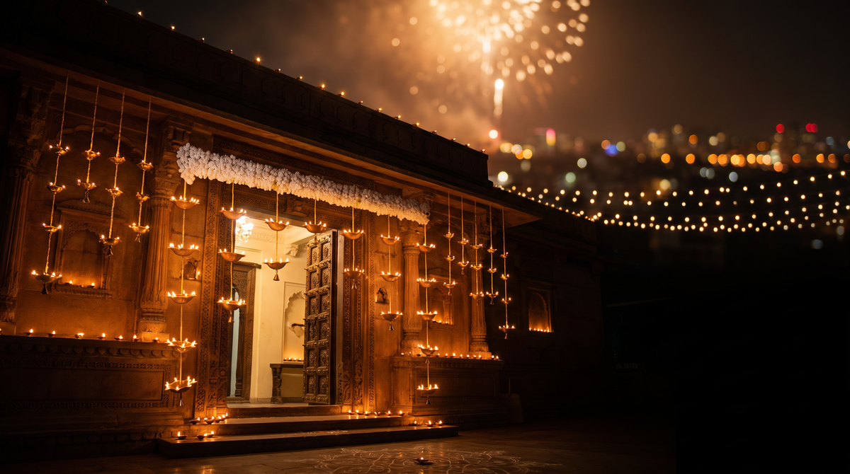 Diwali dramatic styling of the 21-Diya Door Toran, editorial campaign shot