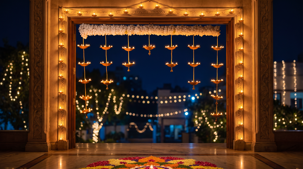 Diwali grand entrance styling featuring the 21-Diya Door Toran and diya string lights, editorial campaign shot