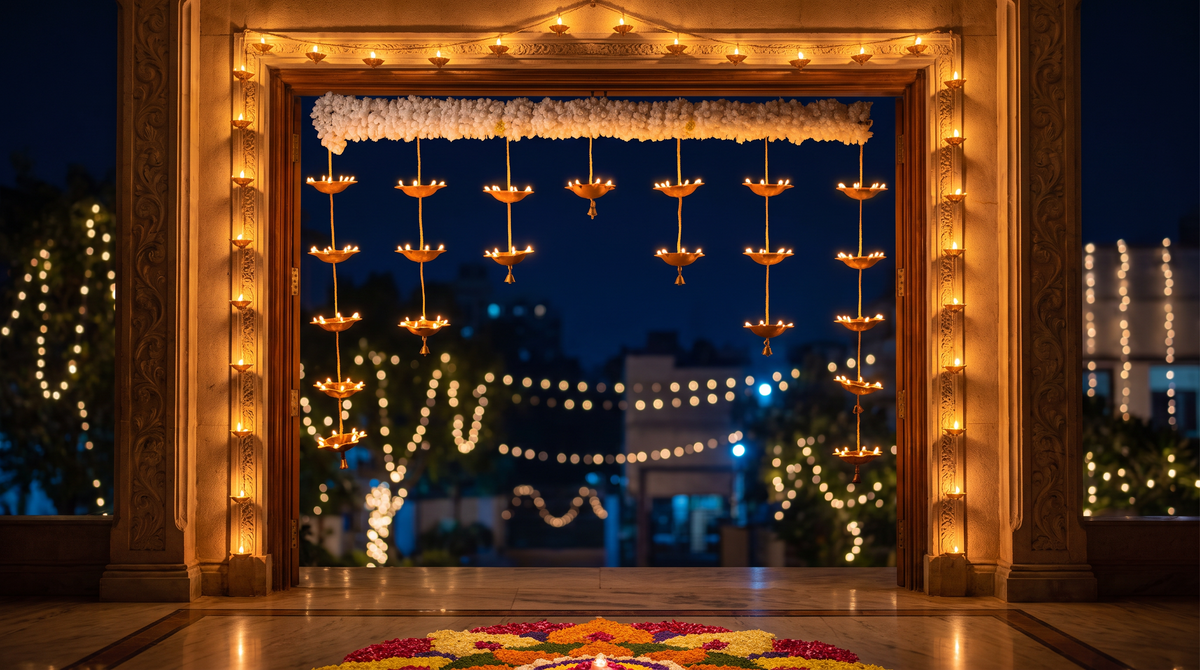 Diwali grand entrance styling featuring the 21-Diya Door Toran and diya string lights, editorial campaign shot