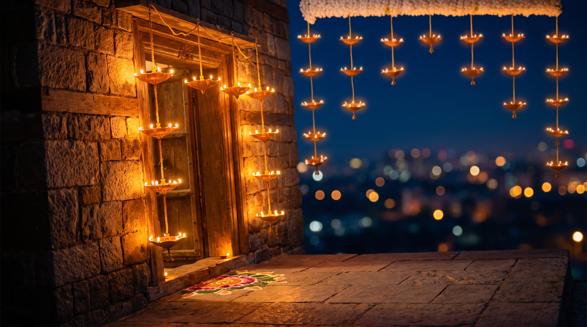 Diwali angled styling of the 21-Diya Door Toran, editorial campaign shot