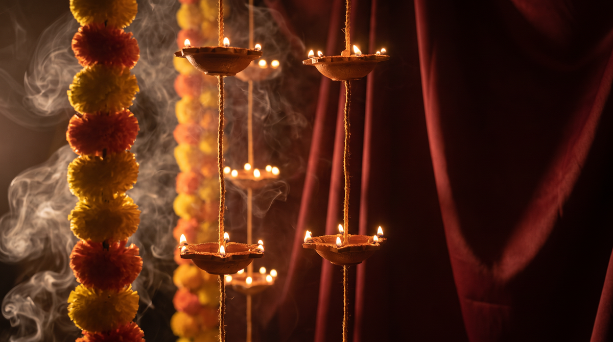 Ganpati side-angle styling of the Pair of 7 Vertical Diyas, editorial campaign shot