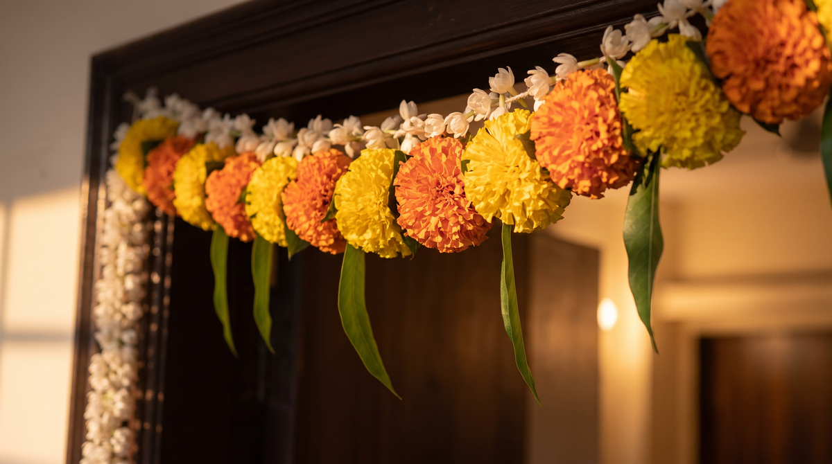 Navratri close-up styling of the 11-Diya Door Toran, editorial campaign shot
