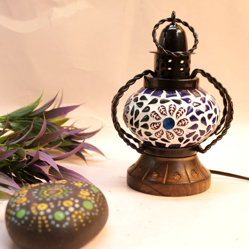Round Mosaic Lantern on Wooden Base – Small