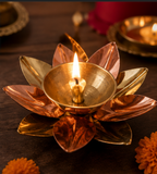 Lotus-shaped festive oil lamp with 10 layered petals, top angle showing central diya bowl