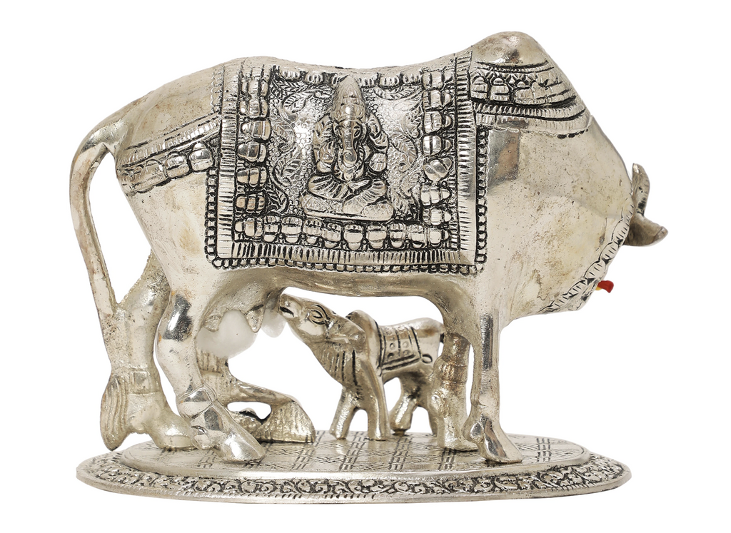 Krishna with Cow Plaque – Silver Finish