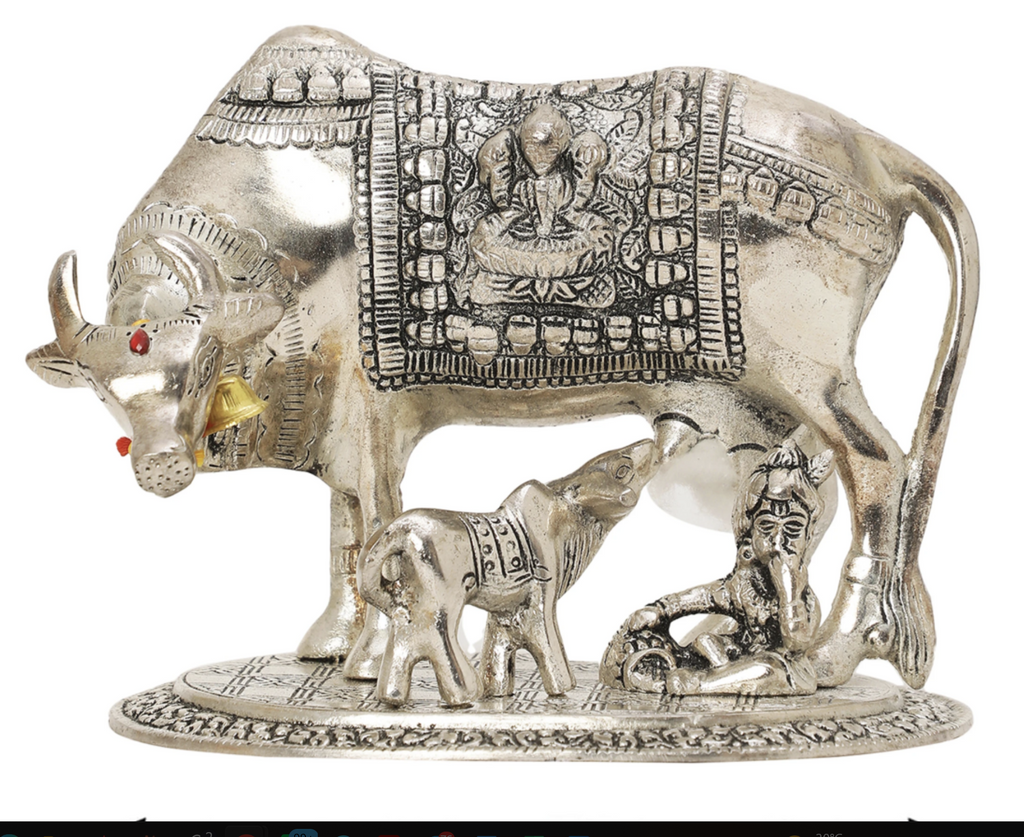Krishna with Cow Plaque – Silver Finish