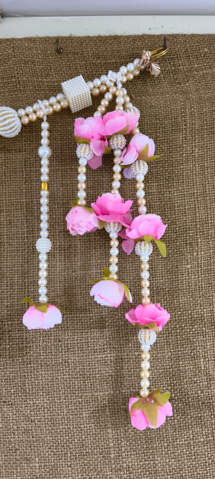 Pink Flower Moti Toran | Handcrafted Pearl Door Hanging
