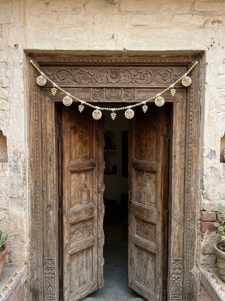 Ganesha Pearl Toran – Golden Bead Door Hanging with 6 Ganpati Medallions (41 inch)