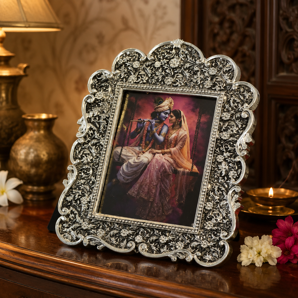 Radha Krishna Photo Frame – Silver Finish, Boxed