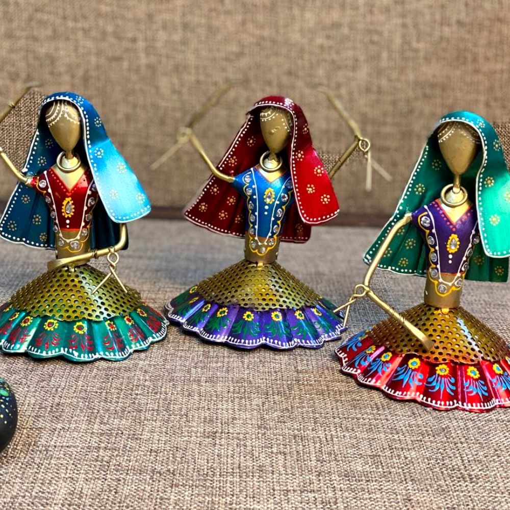 Dancing Dolls Mini – Set of 3 — Teal, red and green hand-painted over antique gold