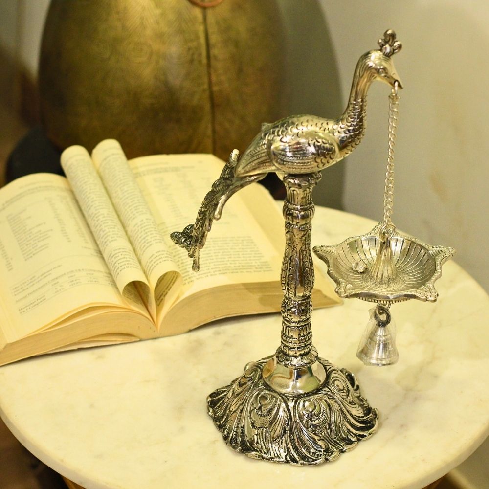Standing Peacock Oil Lamp with Bell – 12 inch — view 2
