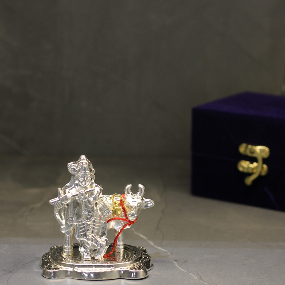 Silver-Finish Krishna with Cow Idol – Boxed — view 6