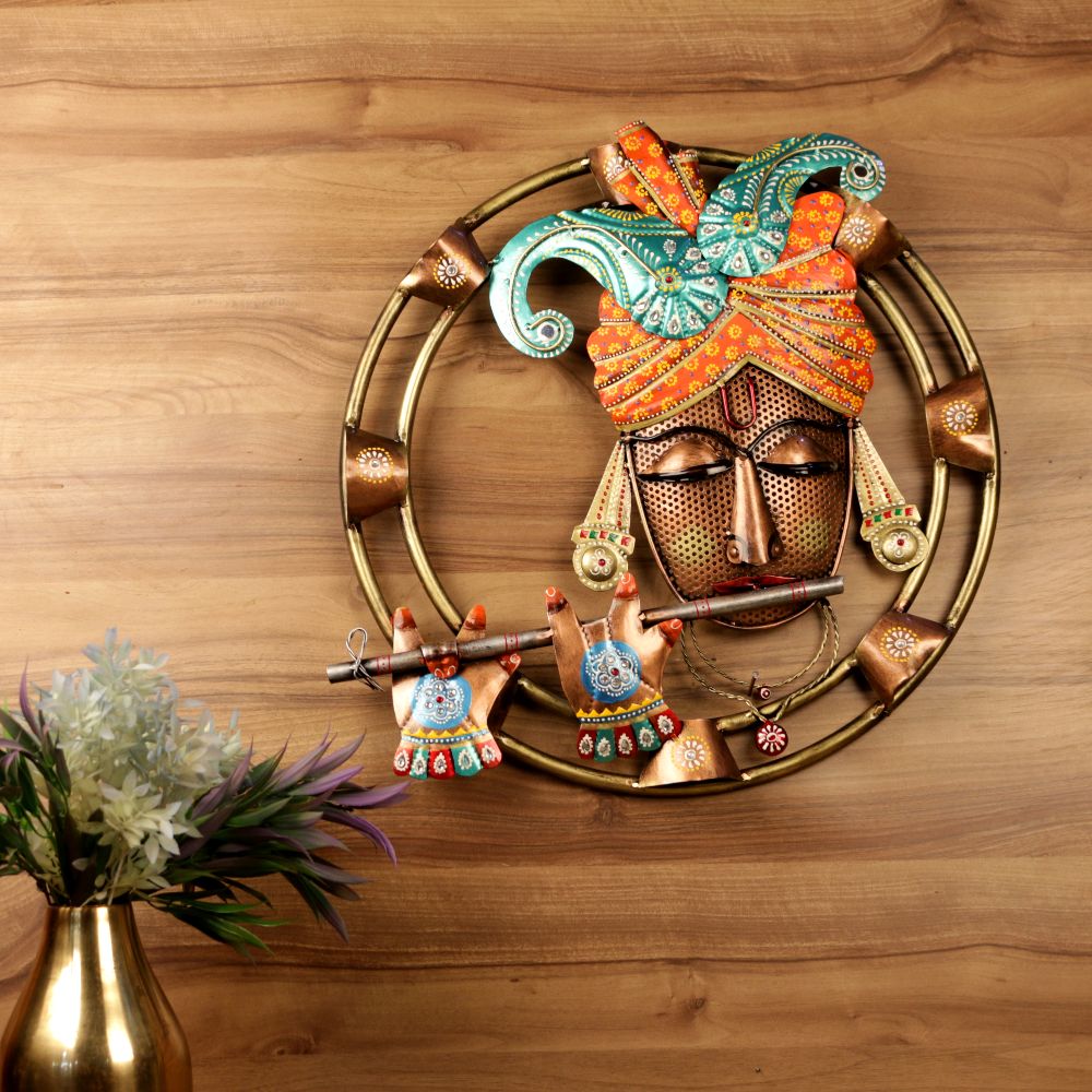 Painted Krishna Wall Ring – 18 inch — Antique copper ring with hand-painted Krishna
