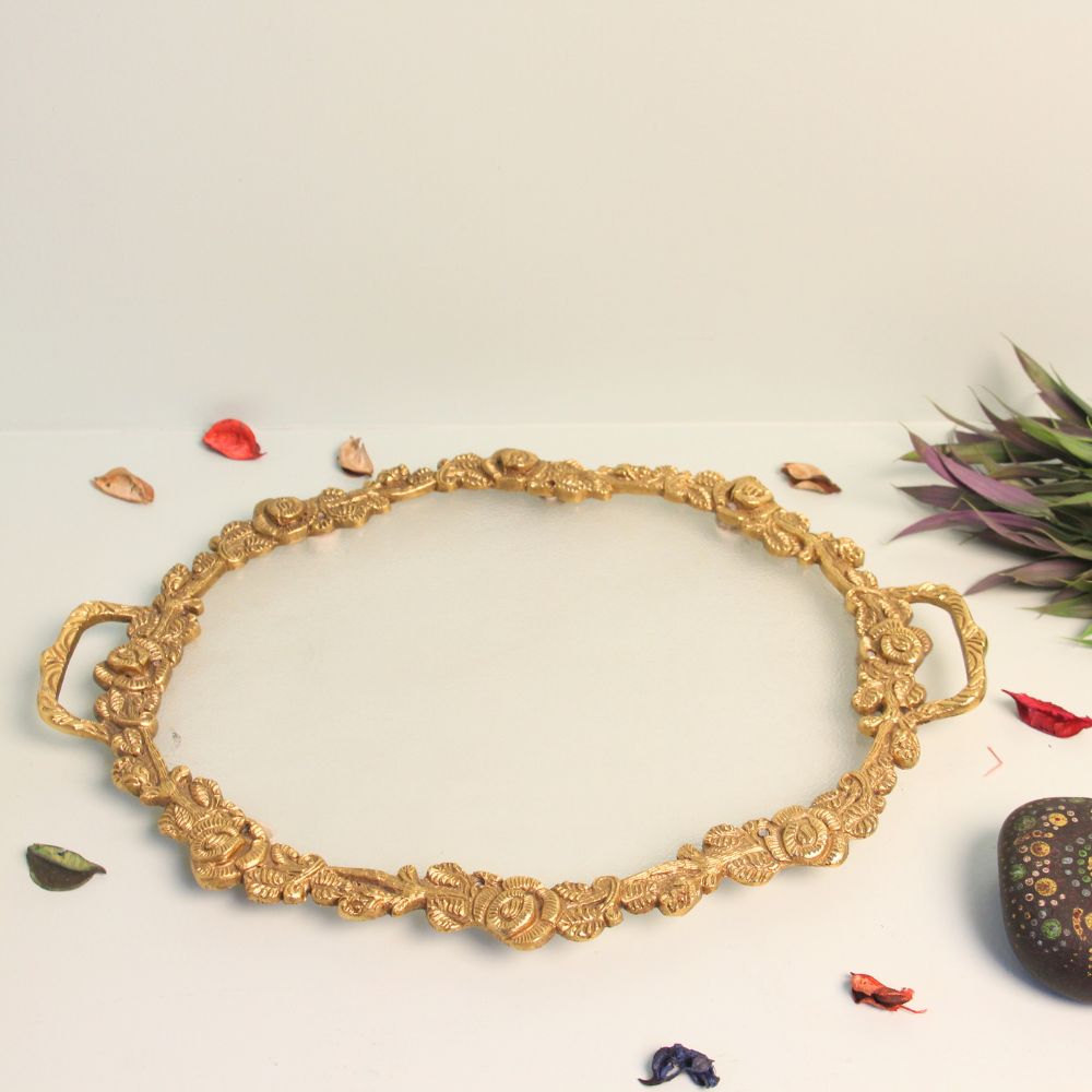 Oval Openwork Serving Tray – Gold Finish, 10.5 inch — Antique gold tone