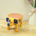 Hand-Painted Elephant Stool – 4 inch — Yellow ground with blue, red and orange painted work