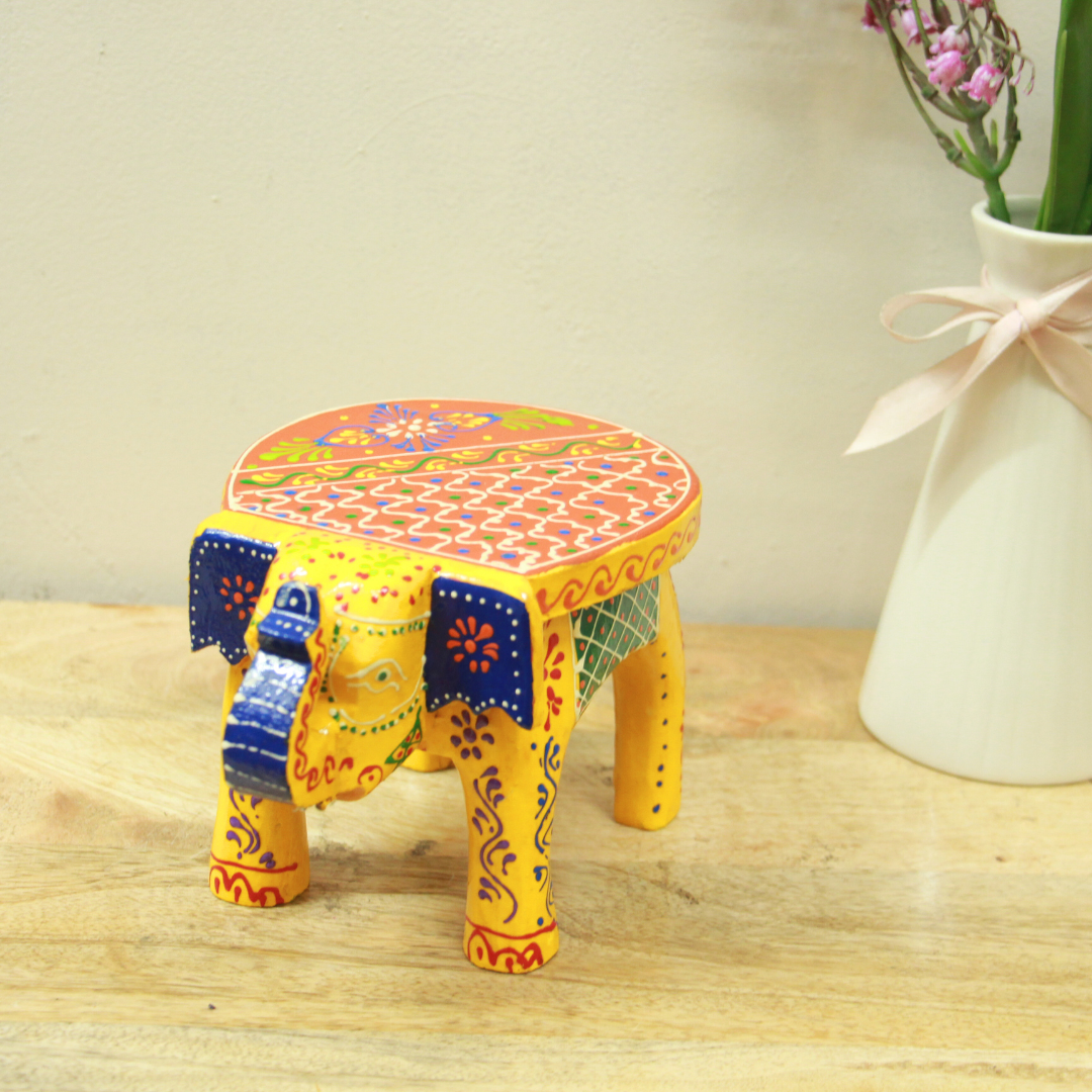 Hand-Painted Elephant Stool – 4 inch — Yellow ground with blue, red and orange painted work
