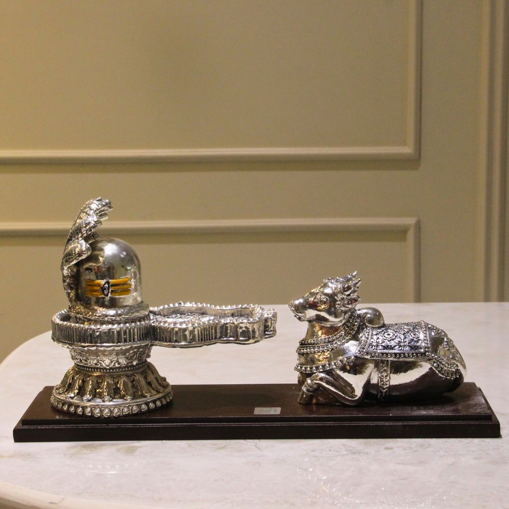 Shivling with Nandi – Silver Finish