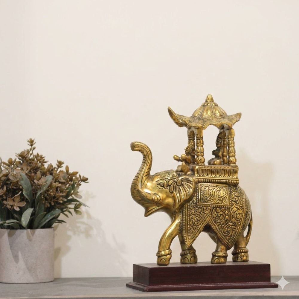 Ambabari Elephant on Wooden Base – Gold Finish — Antique gold tone on a dark wooden plinth