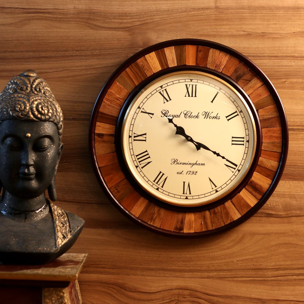 Wooden Strip Wall Clock – 18 inch — Mixed timber rim with a cream dial