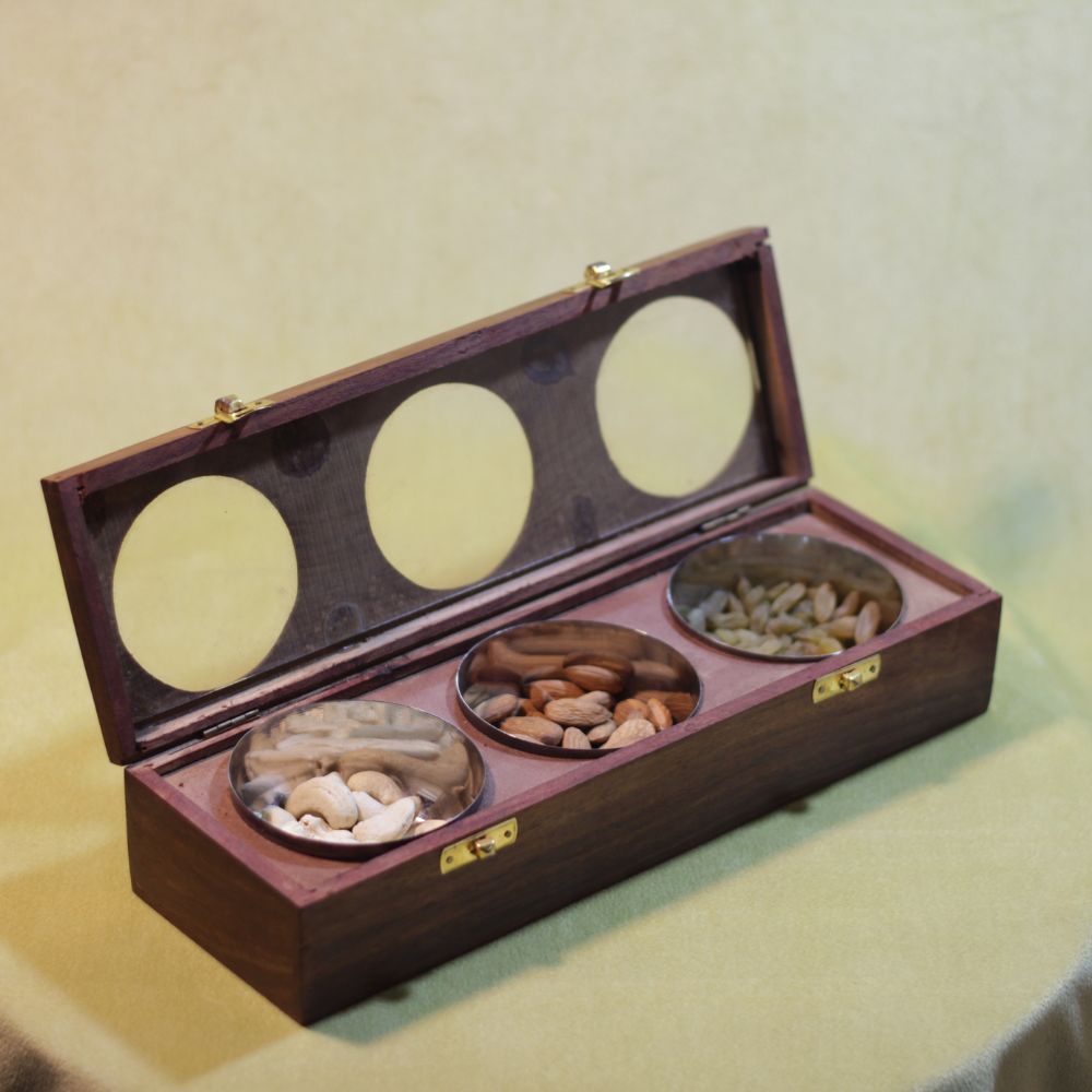 Wooden Dryfruit Box with 3 Bowls – 12 x 4 inch — Rich rosewood-tone timber with metal bowl inserts