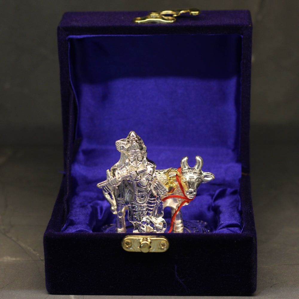Silver-Finish Krishna with Cow Idol – Boxed — view 3