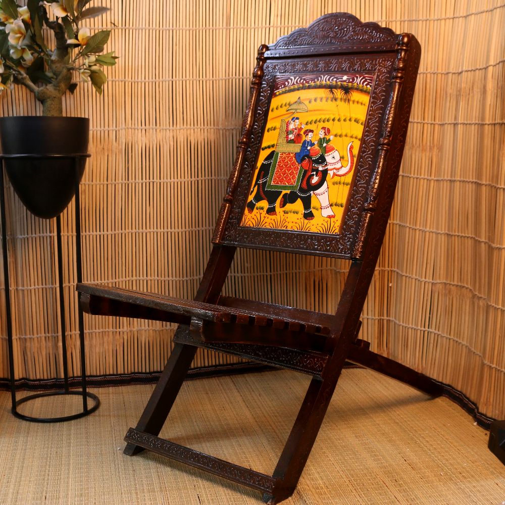 Hand-Painted Mehrab Folding Chair — Dark rosewood-tone timber with a painted panel