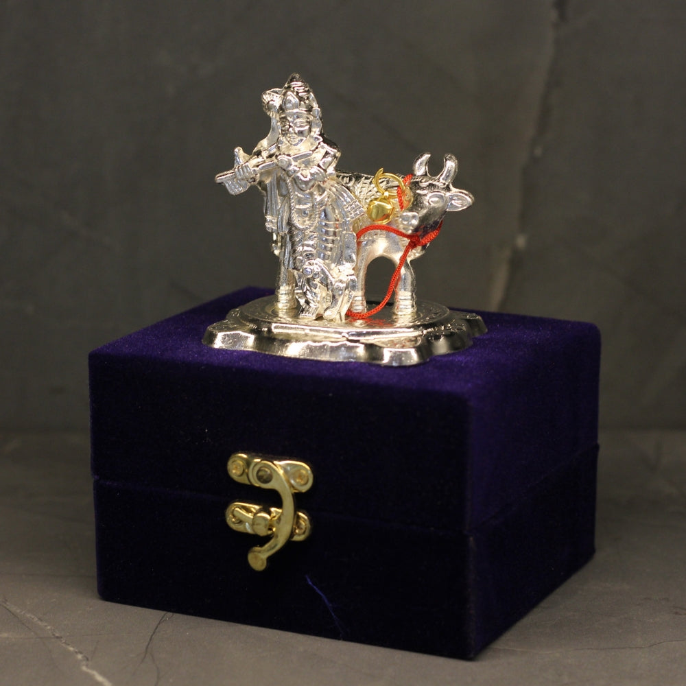 Silver-Finish Krishna with Cow Idol – Boxed — view 4