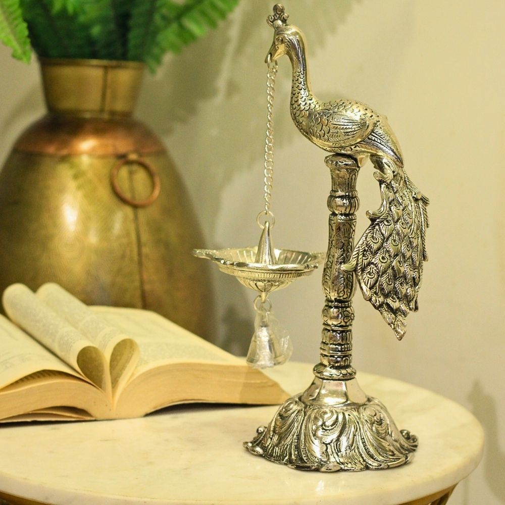 Standing Peacock Oil Lamp with Bell – 12 inch — Antique gold tone