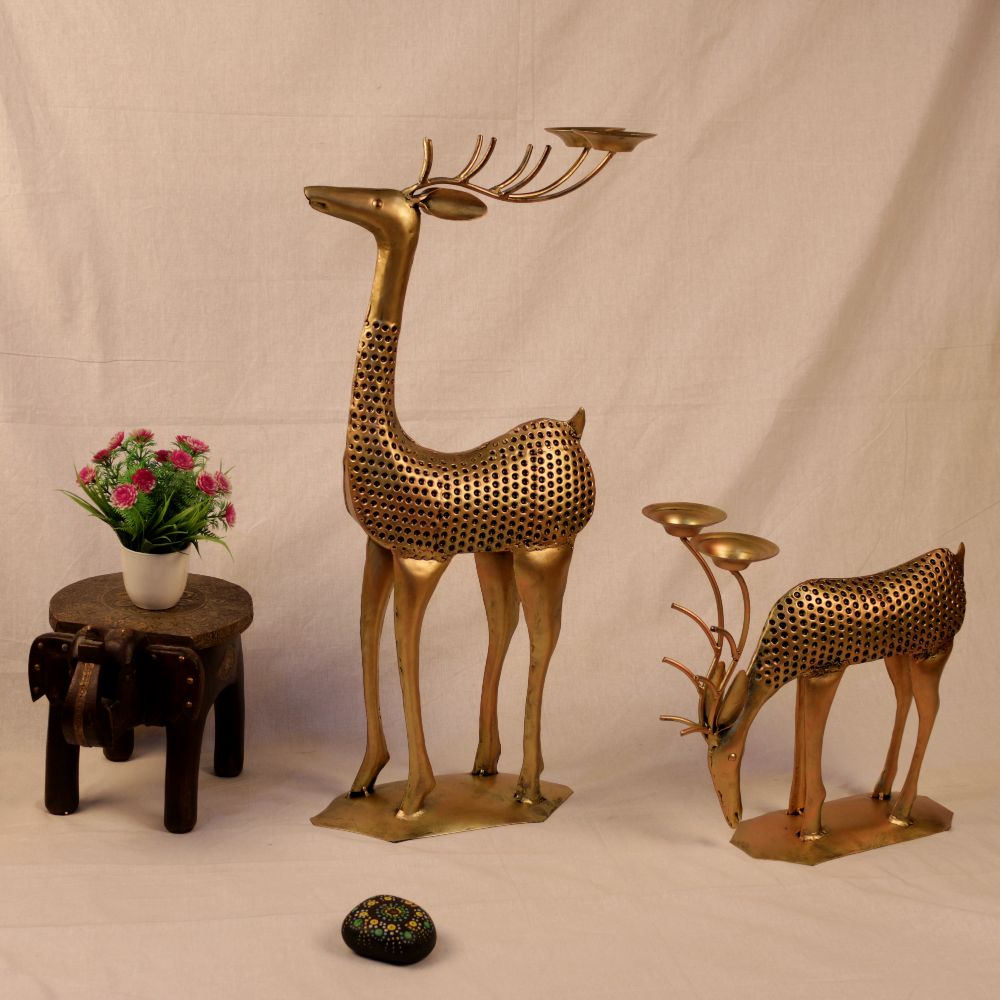 Painted Deer Candle Stand – Set of 2 — Antique gold with hand-painted colour detailing