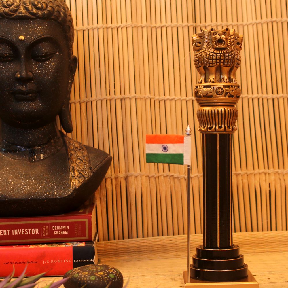 Wooden Ashok Pillar with Flag – 12 inch — Dark polished wood with a gold capital
