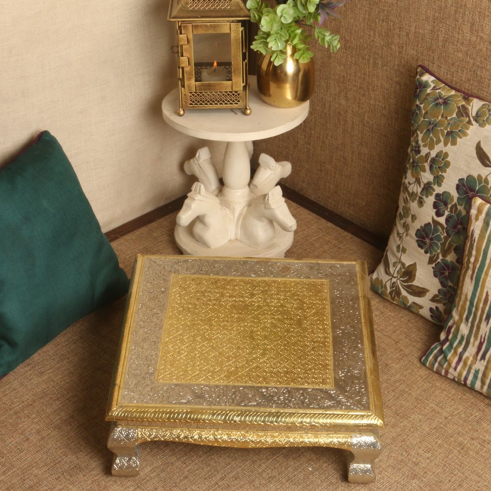 Golden Silver Chowki – 18 x 18 inch — Silver frame with an embossed gold top