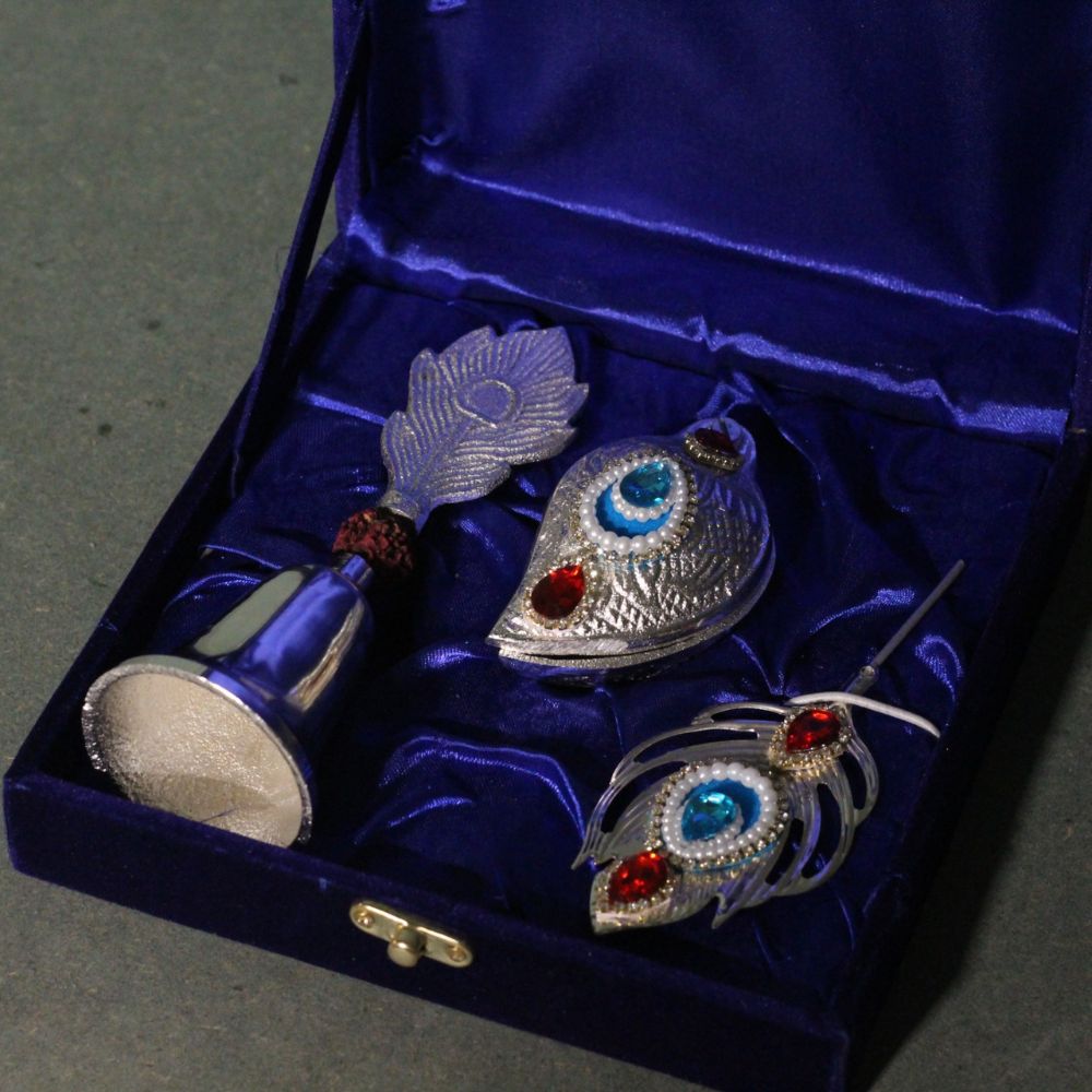 Tilak Chopda Set with Bell – Boxed — Silver tone with red and blue stone settings