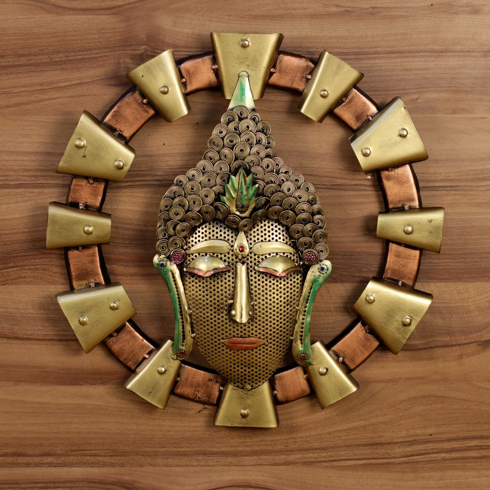 Buddha Face Wall Ring with Metal Tiles — Antique brass and copper tiles with green patina