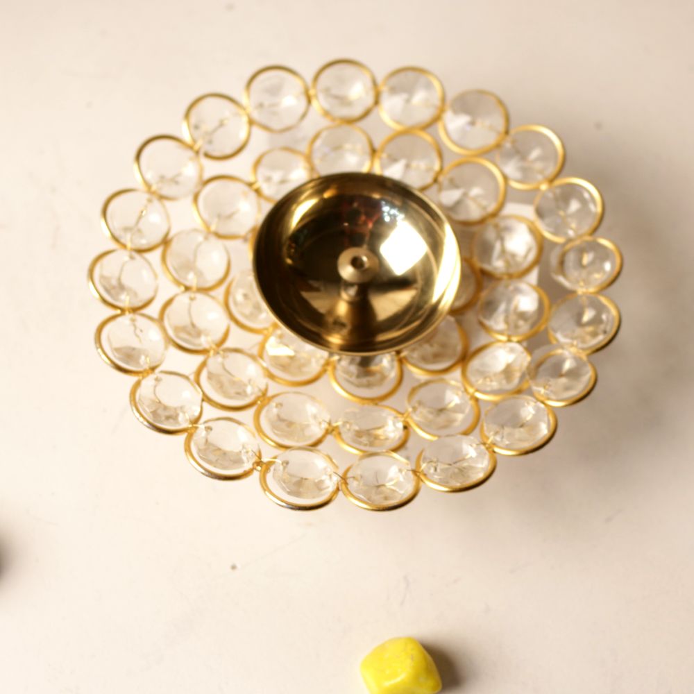 Crystal Rimmed Round Diya — Golden metal with clear crystal beads
