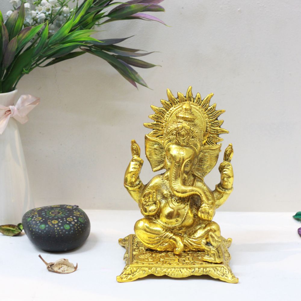 Seated Ganesha Idol – Gold Finish, 5 inch — Antique gold tone