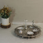 Peacock Pooja Thali with Diya and Containers — Antique silver tone