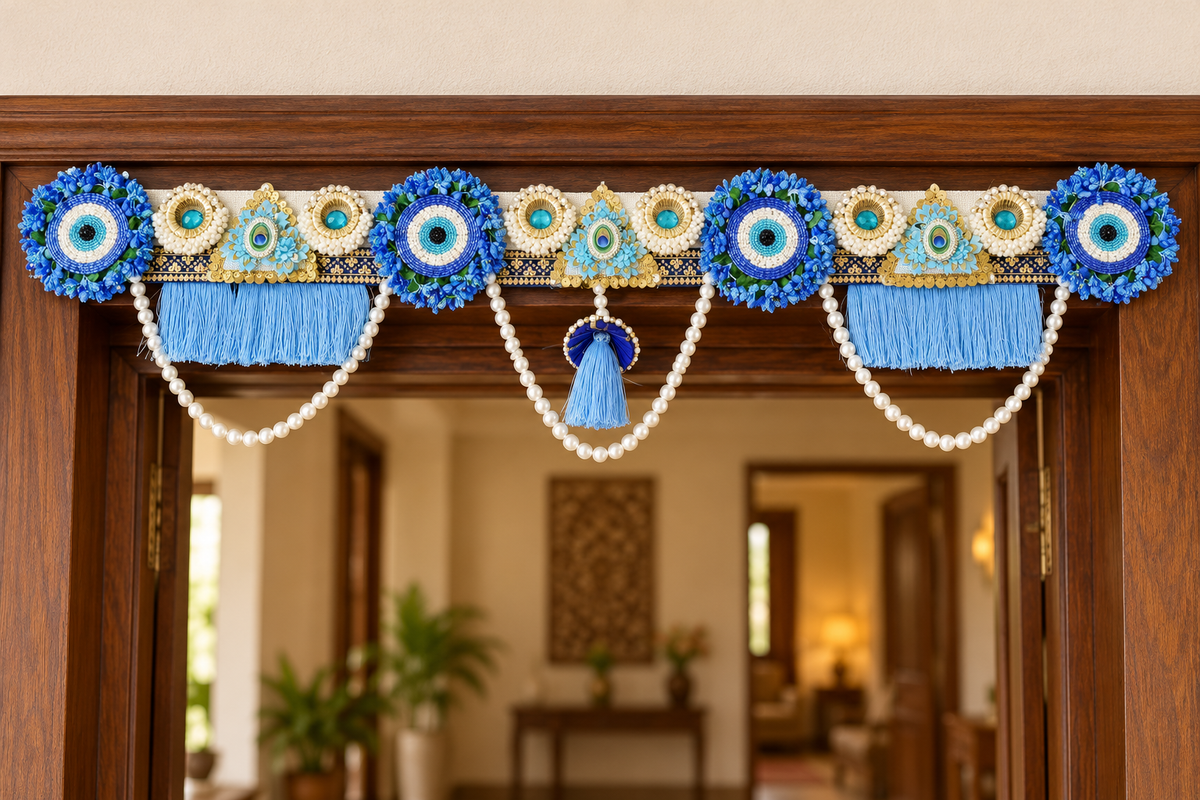 Blue floral toran with pearl swags on a wooden doorway