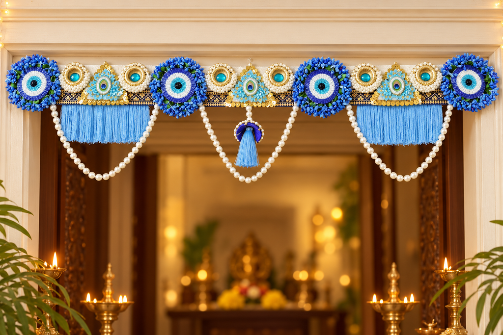 Blue floral toran at a festive entrance