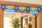 Blue floral toran with pearl swags in a modern home