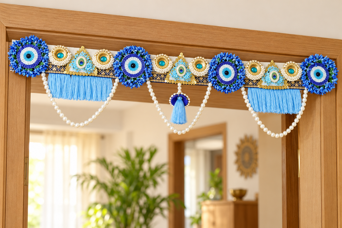 Blue floral toran with pearl swags in a modern home