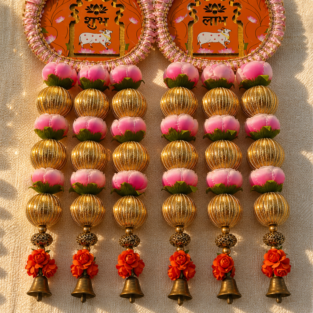 Brick Orange Shubh Labh Hanging Lotus and Bead Detail
