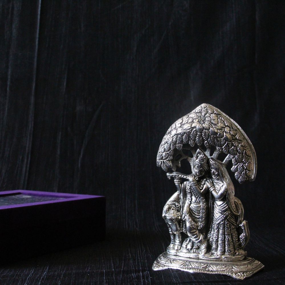Radha Krishna Under Tree Idol – 8 inch — Antique silver tone