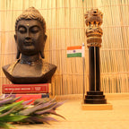 Wooden Ashok Pillar with Flag – 10 inch — Dark polished wood with a gold capital