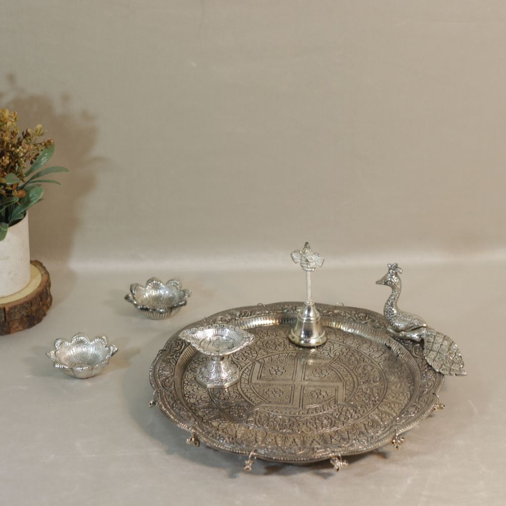 Peacock Pooja Thali with Diya and Containers — view 2