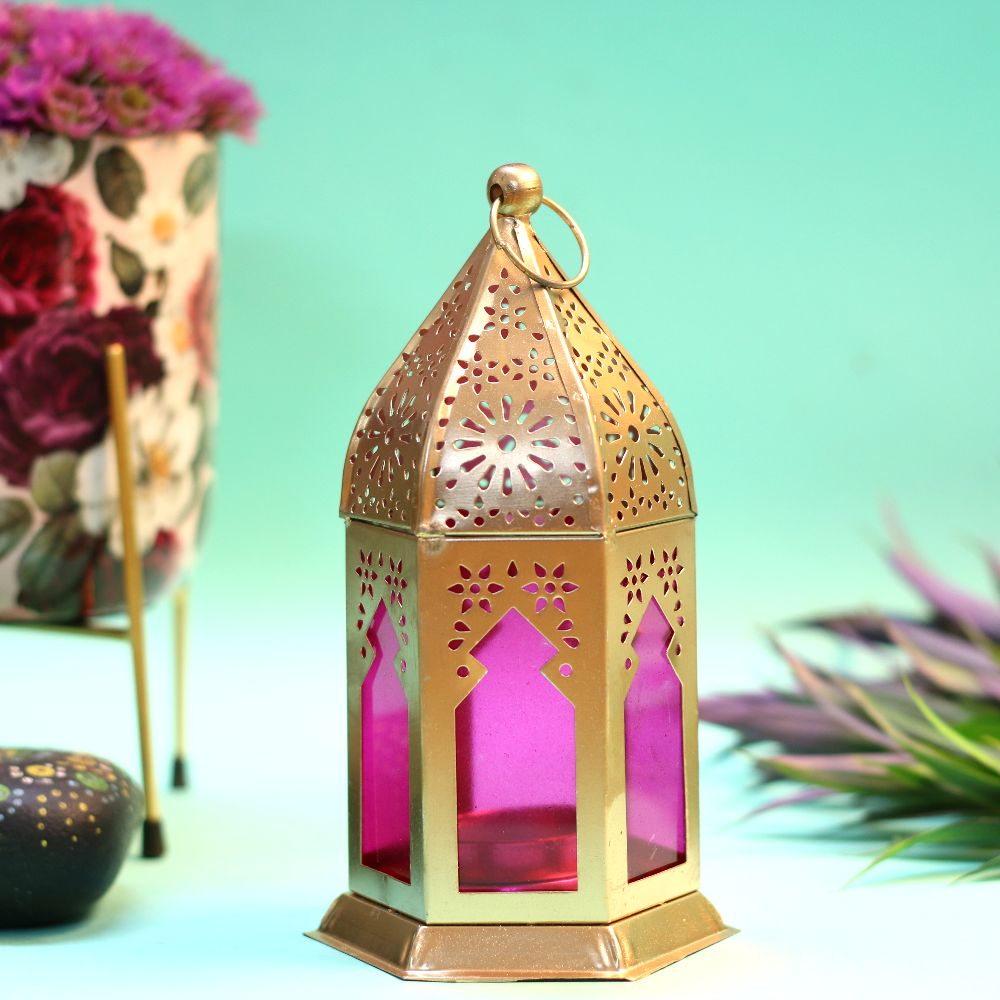 Moroccan Lantern with Coloured Glass – 6 inch — Gold-tone metal with magenta and pink glass