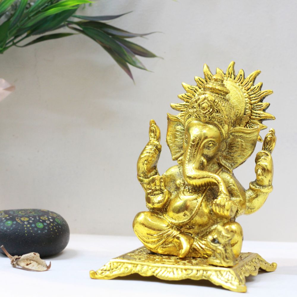 Seated Ganesha Idol – Gold Finish, 5 inch — view 3