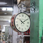 Hand-Painted Railway Wall Clock – 12 inch — Black iron frame with a cream dial and painted floral border